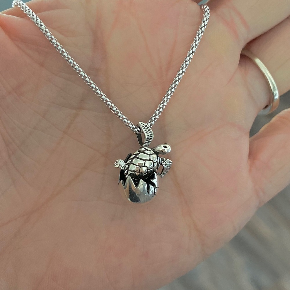 Sterling Silver Egg Hatching Turtle Necklace, Ani… - image 1